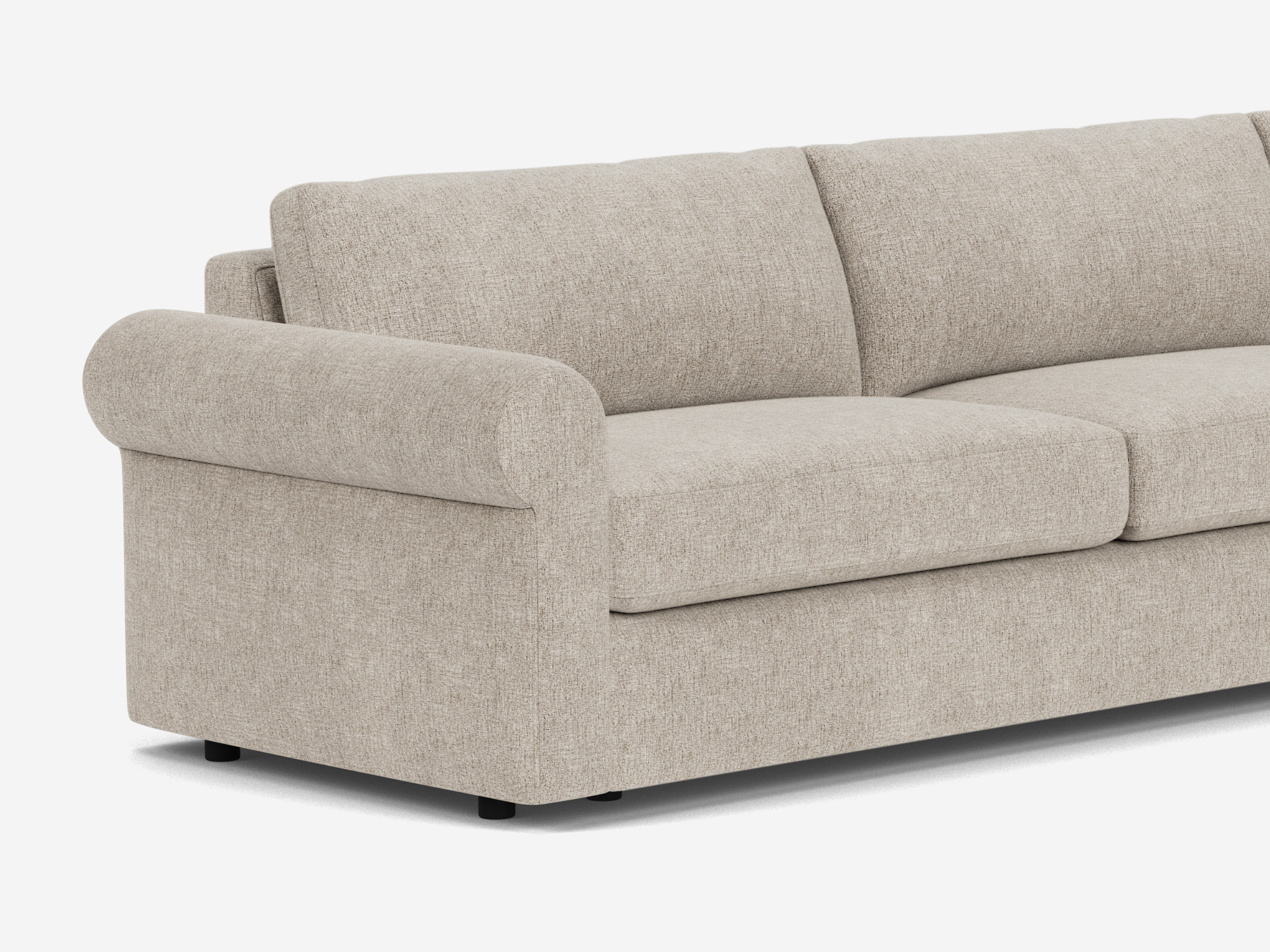 Light grey 3-seat sofa with roll arms detail view